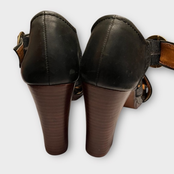 SEYCHELLES black leather stacked wood block heel strappy sandals Size 9 - Picture 5 of 8